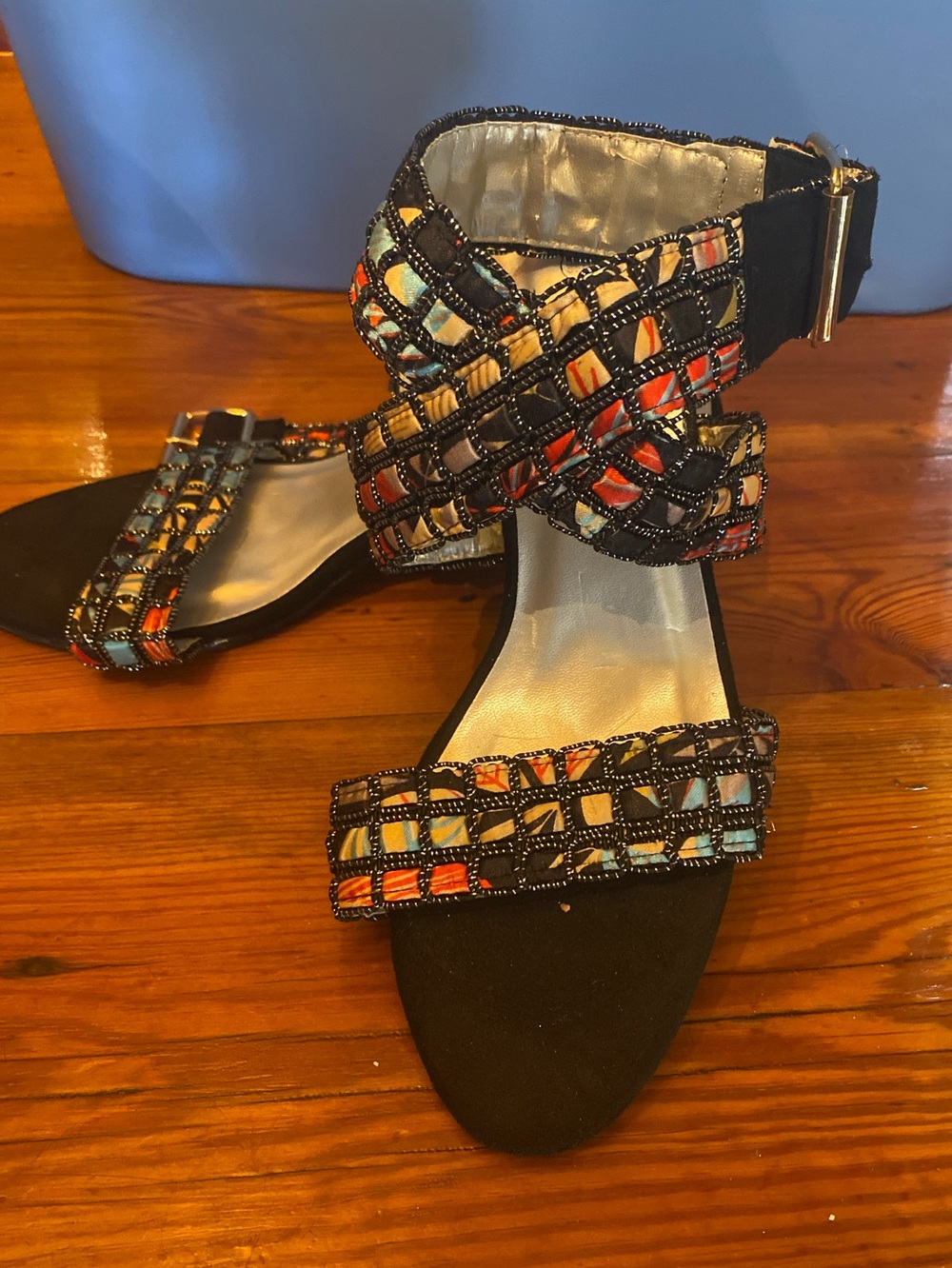 Vintage Beaded Multi-Color Ankle Strap Women's heels 9.5 wide
